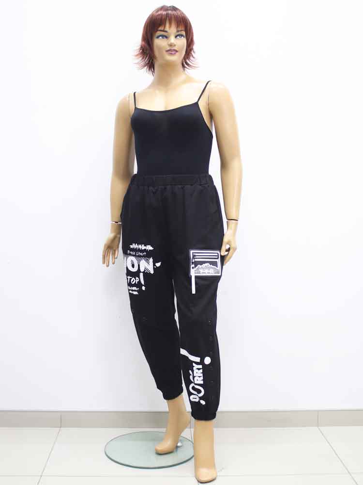 Брюки женские трикотажные на резинке с манжетами с декоративным принтом большого размера. Магазин «Пышая Дама», Харьков.